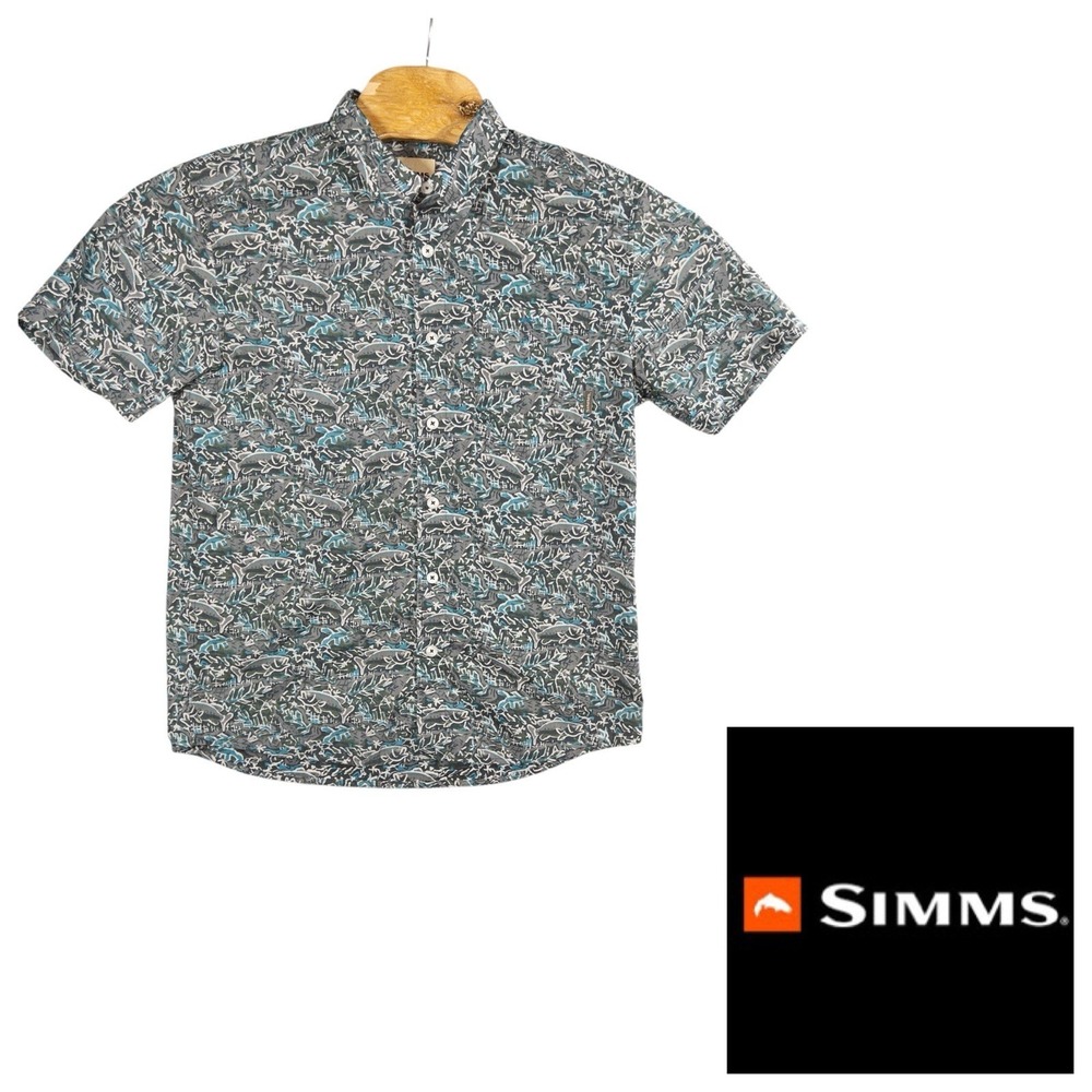 Simms Fishing‎ Hawaiian Shirt Mens Medium Button Up Gorpcore Outdoors Camping
